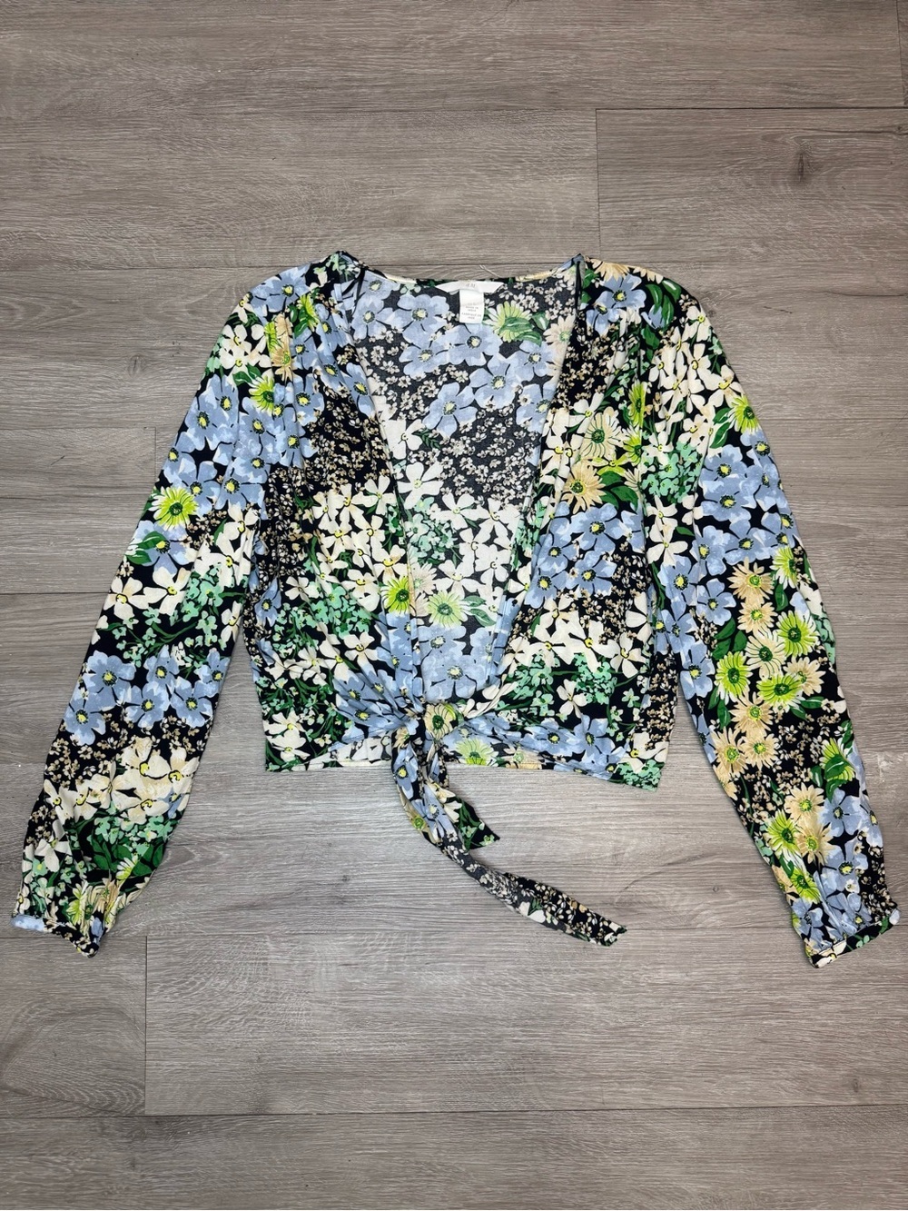 Floral Wrap Tie Front Crop Top Long Sleeve Womens Medium